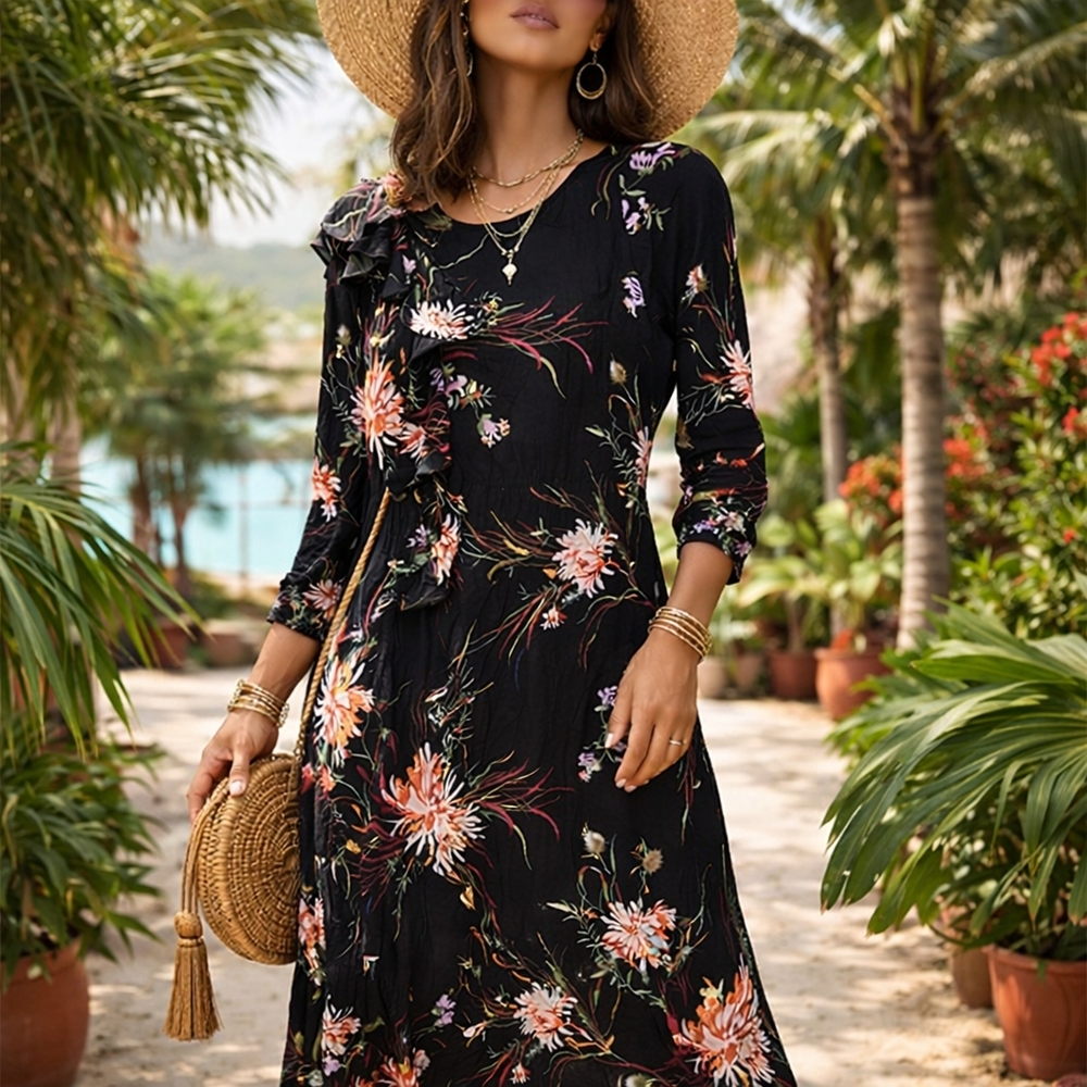H&M Black Floral Boho Midi Dress Ruffle Long Sleeve Tropical Chic